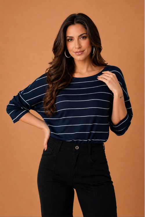 Blusa morcego listras marinho
